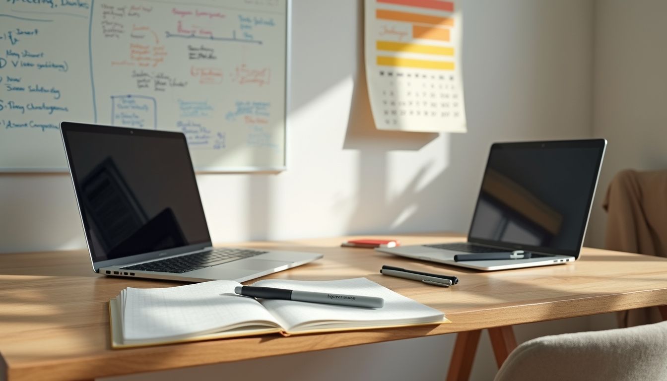 A well-organized desk features laptops, notepads, pens, and a calendar. A well-organized desk features laptops, notepads, pens, and a calendar.