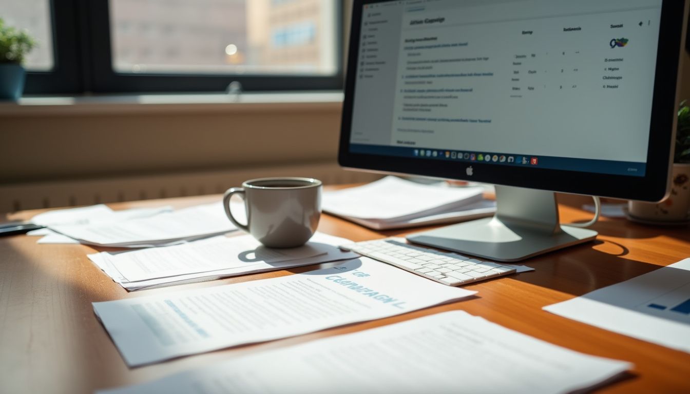 A cluttered office desk with a computer, papers, and a coffee mug. A cluttered office desk with a computer, papers, and a coffee mug.