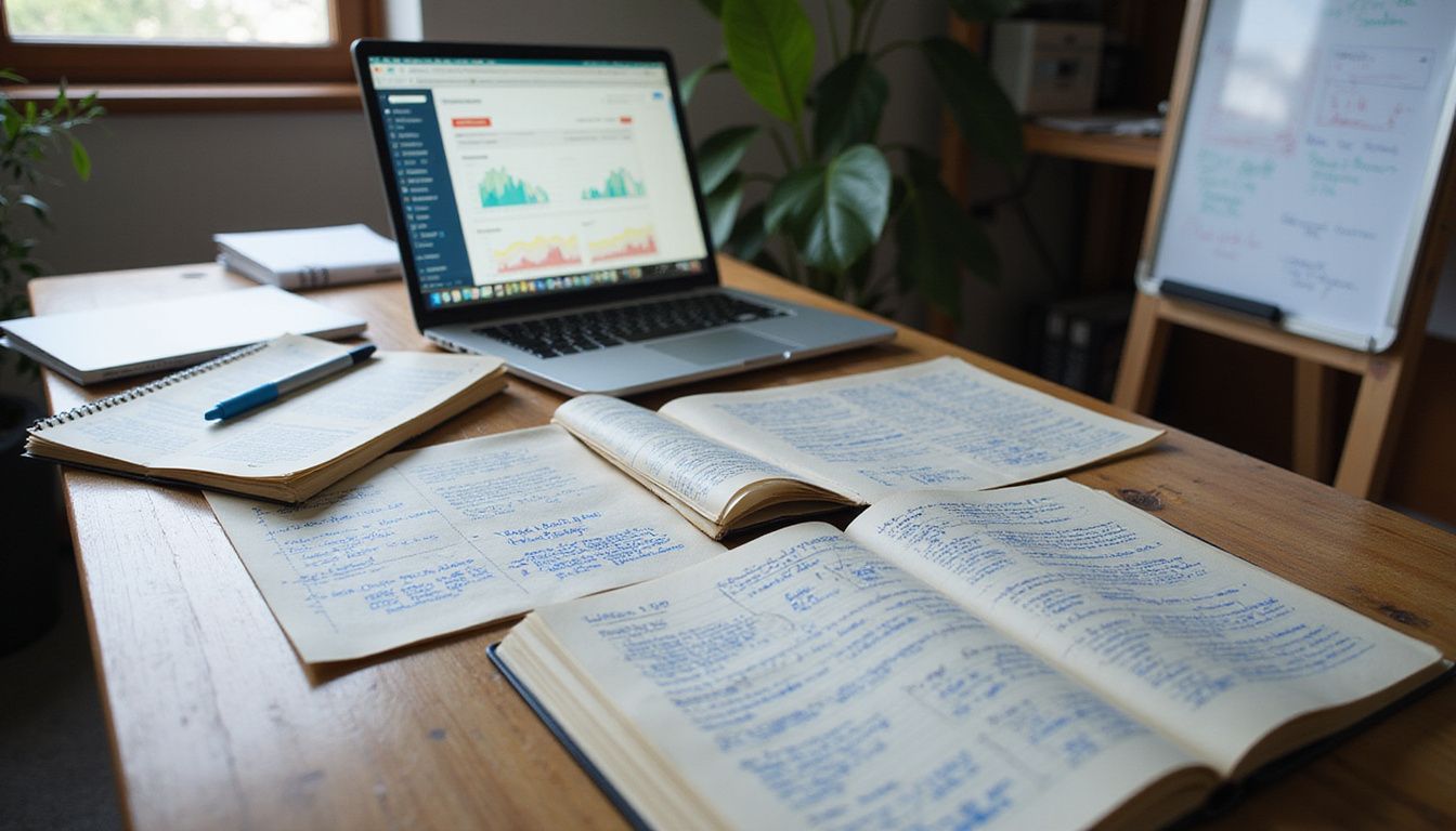 A cluttered office desk displays marketing materials and planning tools. A cluttered office desk displays marketing materials and planning tools.