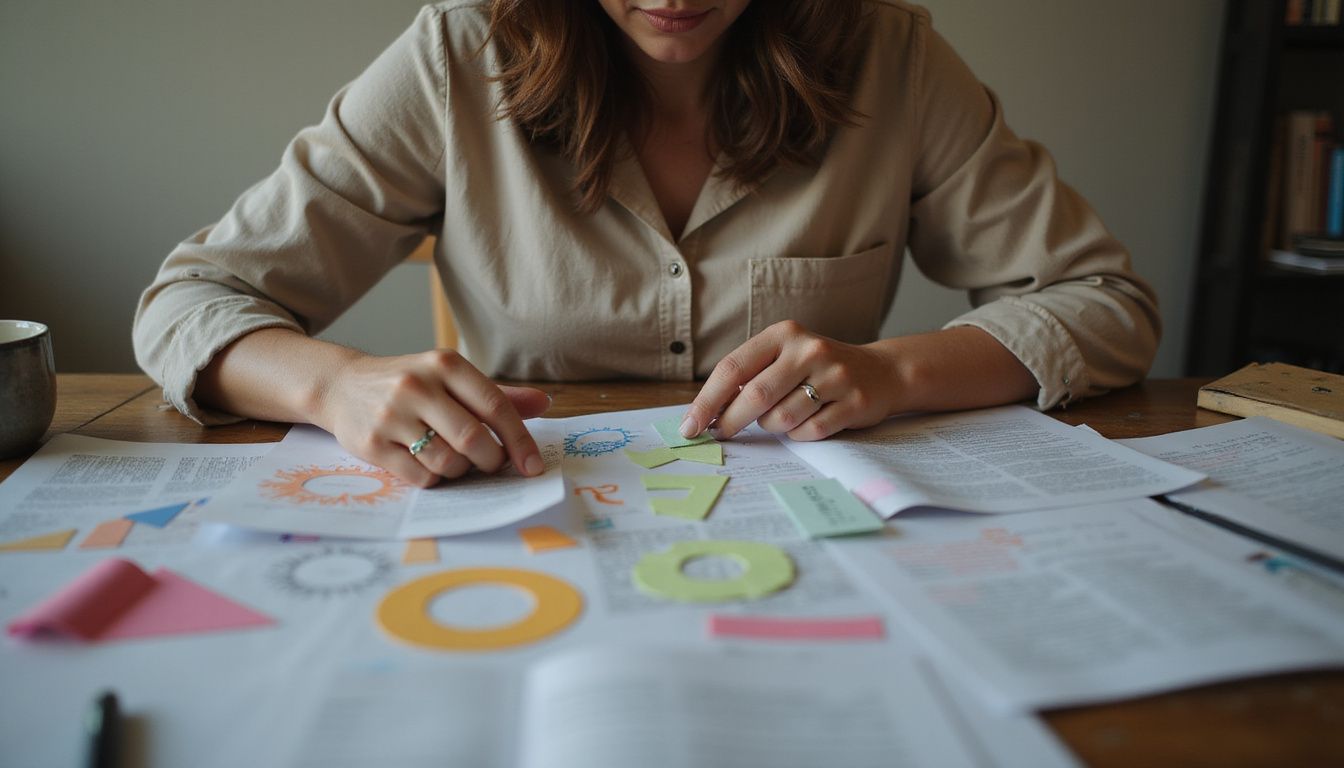A woman arranges colorful paper shapes on a cluttered wooden desk. A woman arranges colorful paper shapes on a cluttered wooden desk.