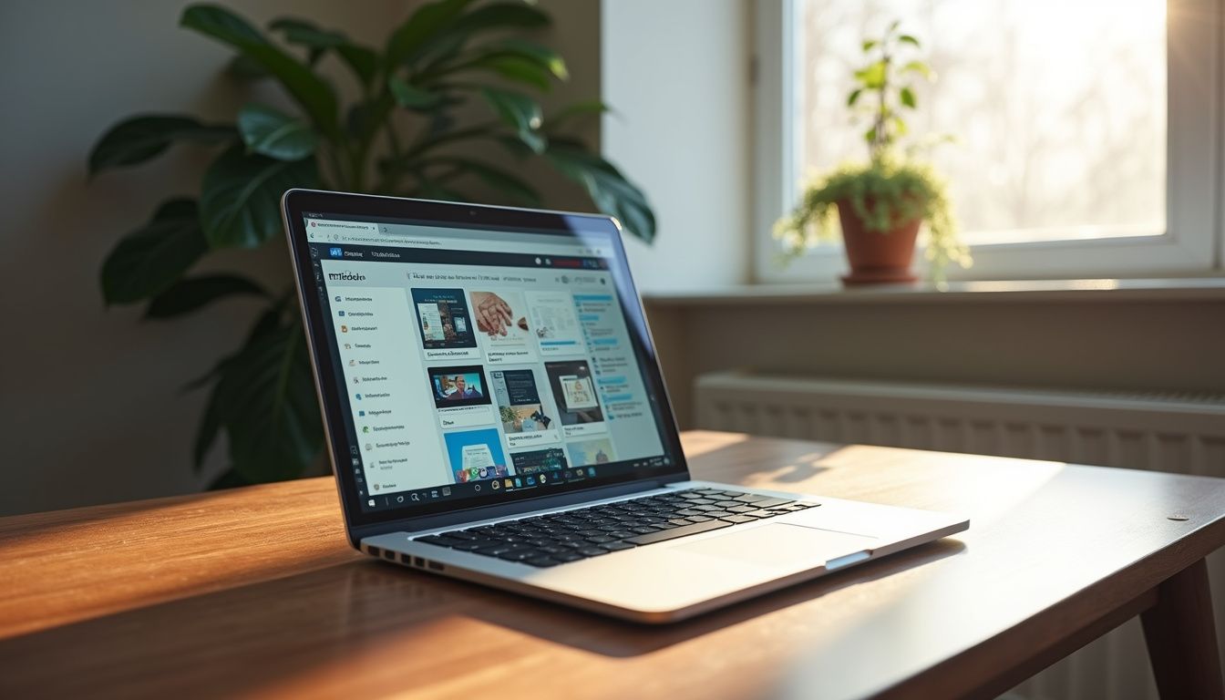 A modern home office with a walnut desk and open laptop.