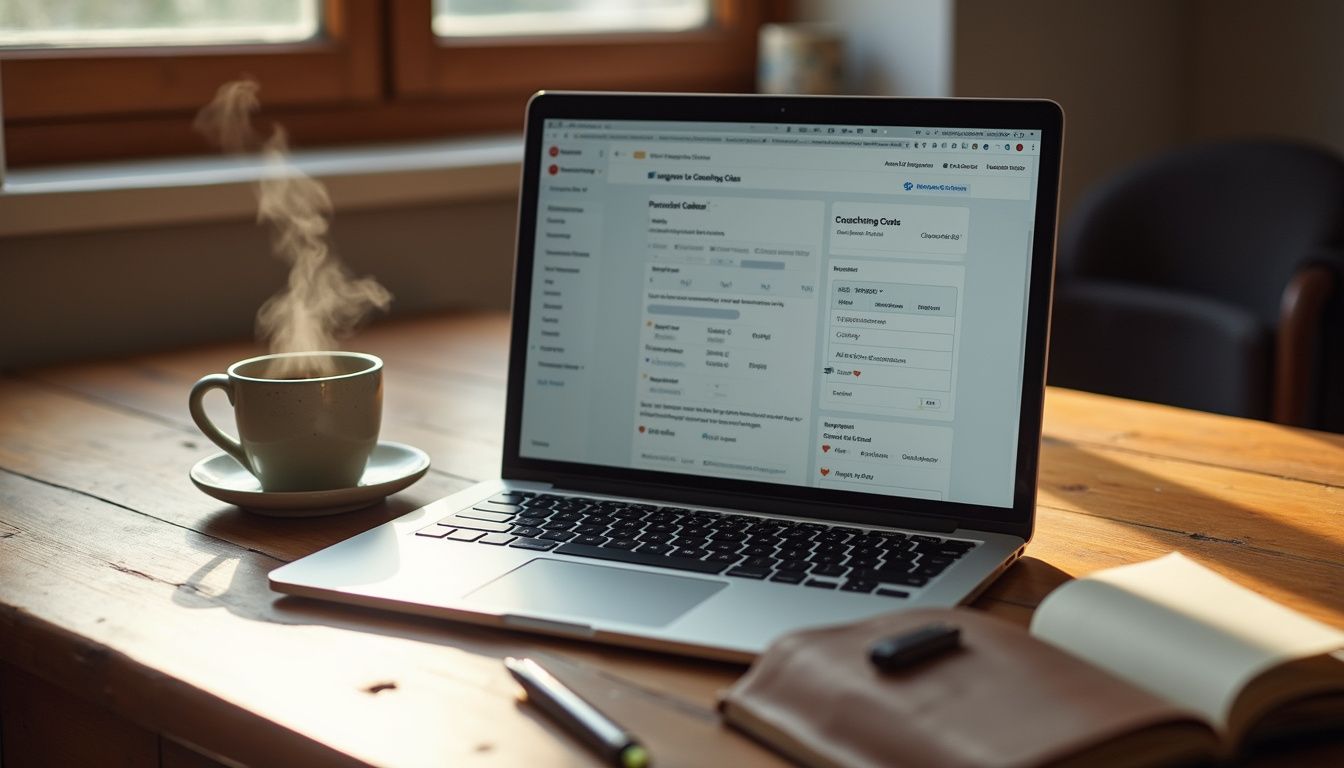 A laptop on a rustic desk with coffee and a notebook. A laptop on a rustic desk with coffee and a notebook.