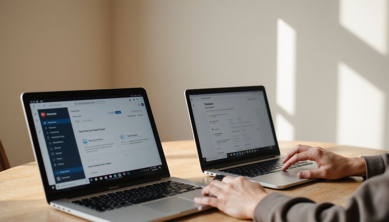 Two laptops display ClickFunnels and Kajabi on a wooden table.