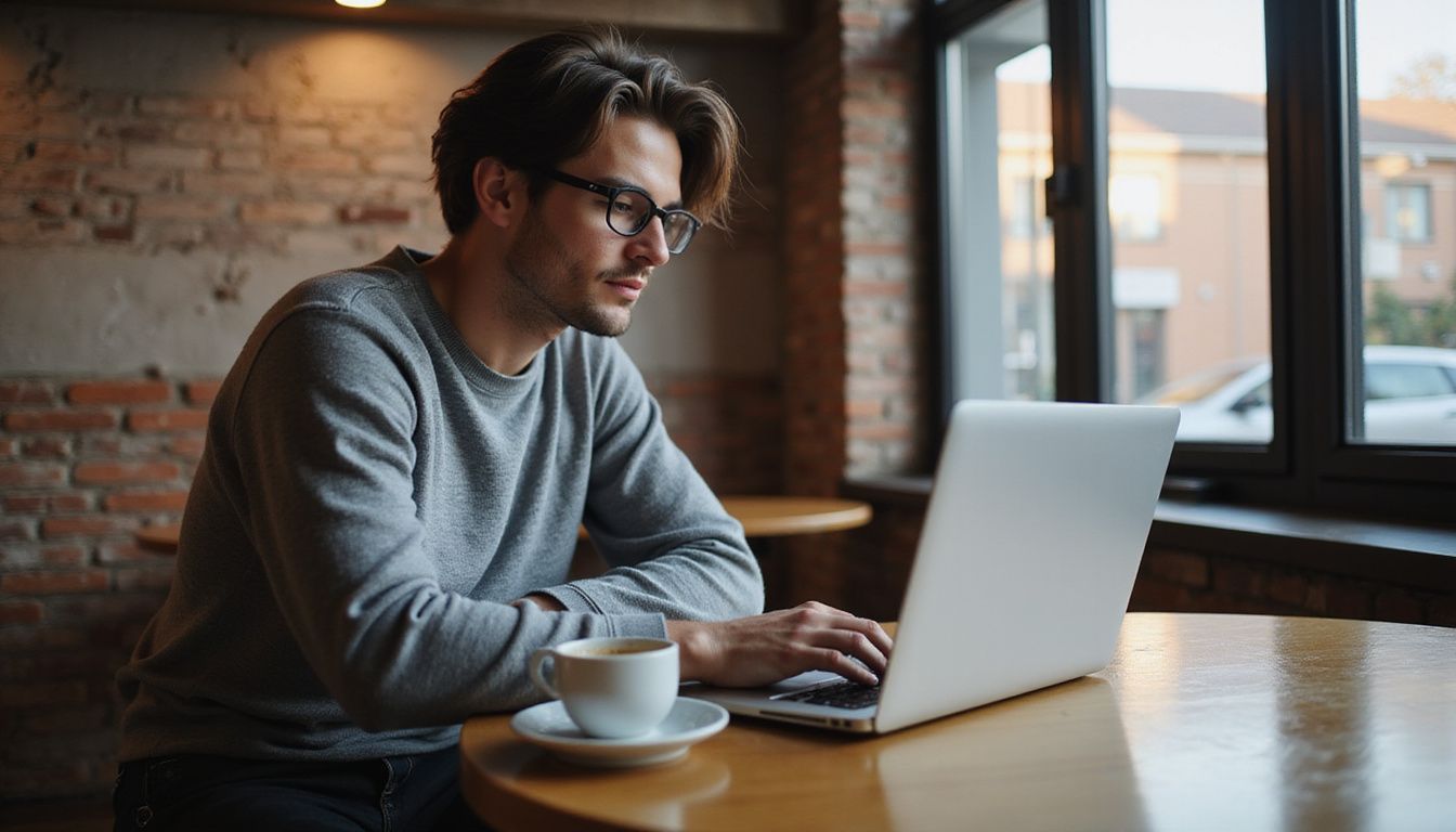 A person works intently on a laptop in a cozy coffee shop.