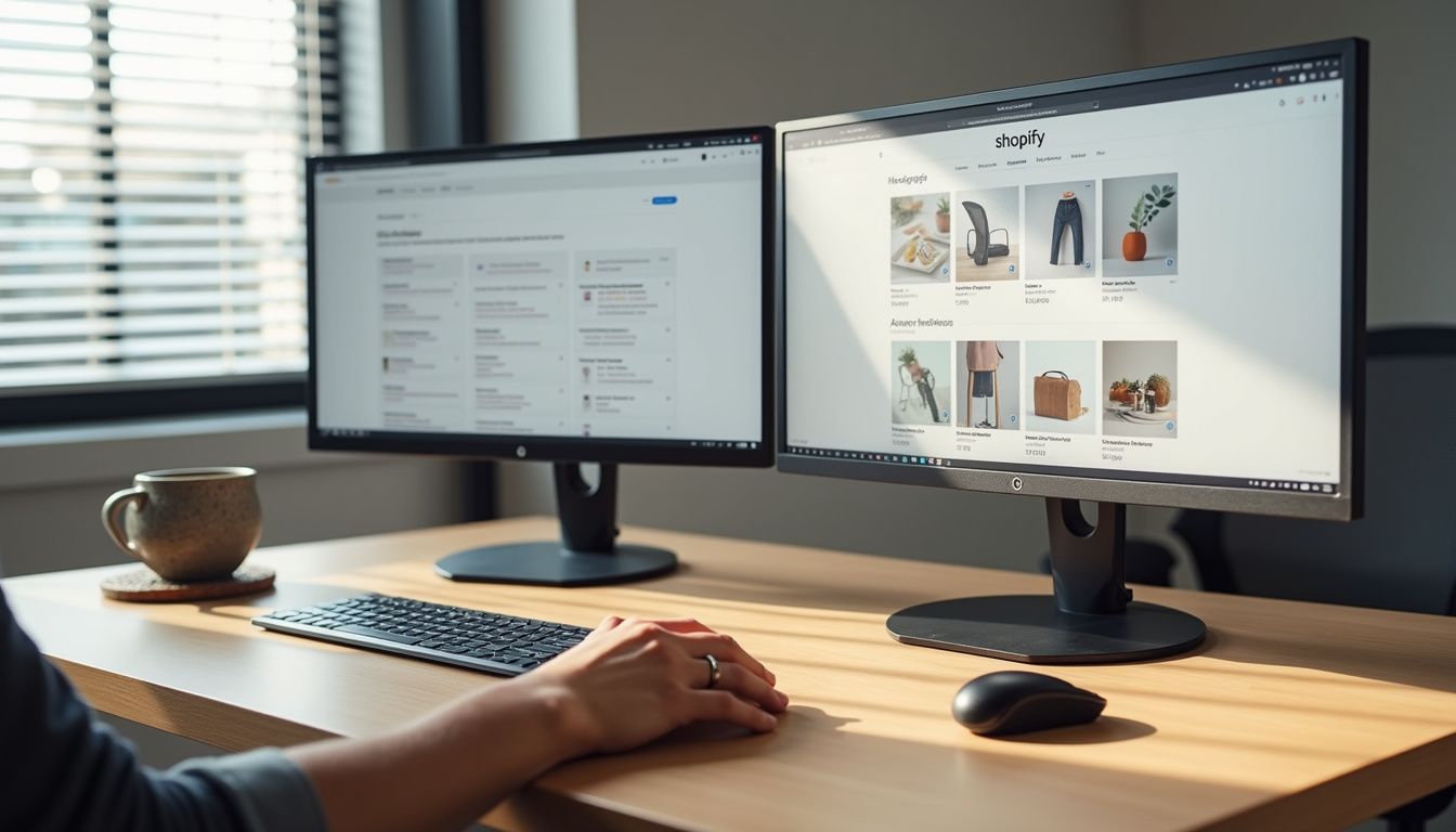 A minimalist office features dual monitors displaying sales and product pages.