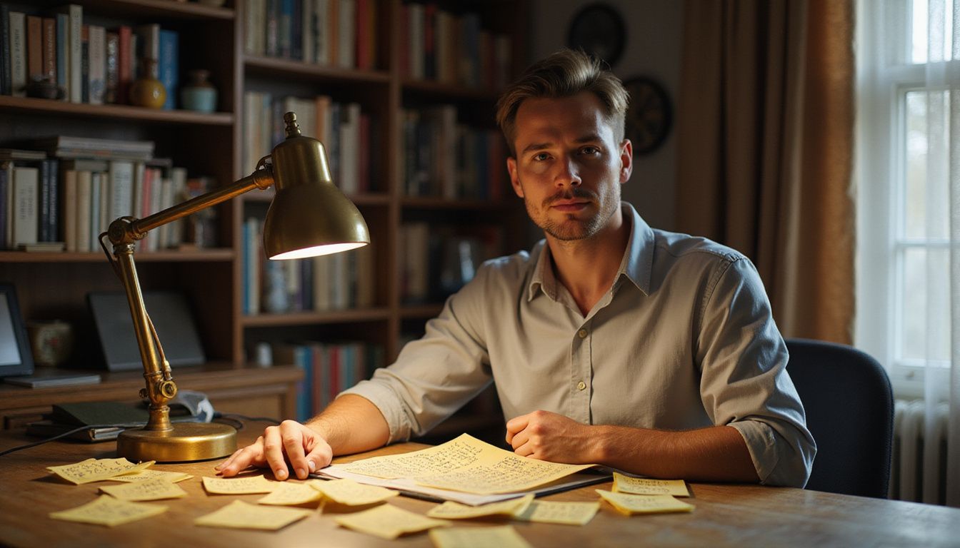 A focused individual works at a cluttered wooden desk in a home office.