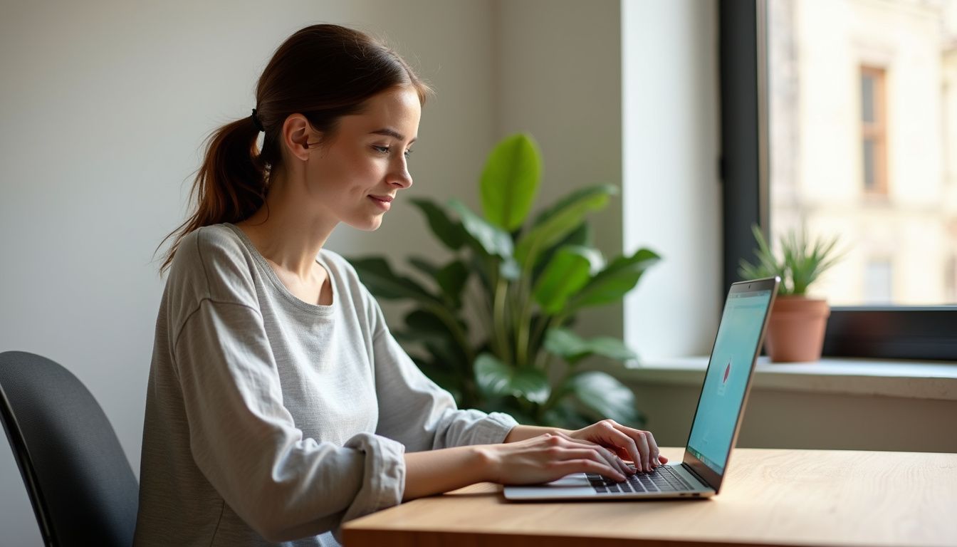 A focused woman types on a laptop at a modern desk.