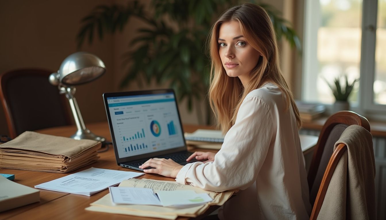 A woman focuses intently on her laptop in a cozy home office. A woman focuses intently on her laptop in a cozy home office.
