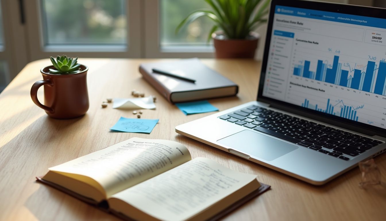 A tidy workspace featuring a laptop, notes, coffee, and a plant.