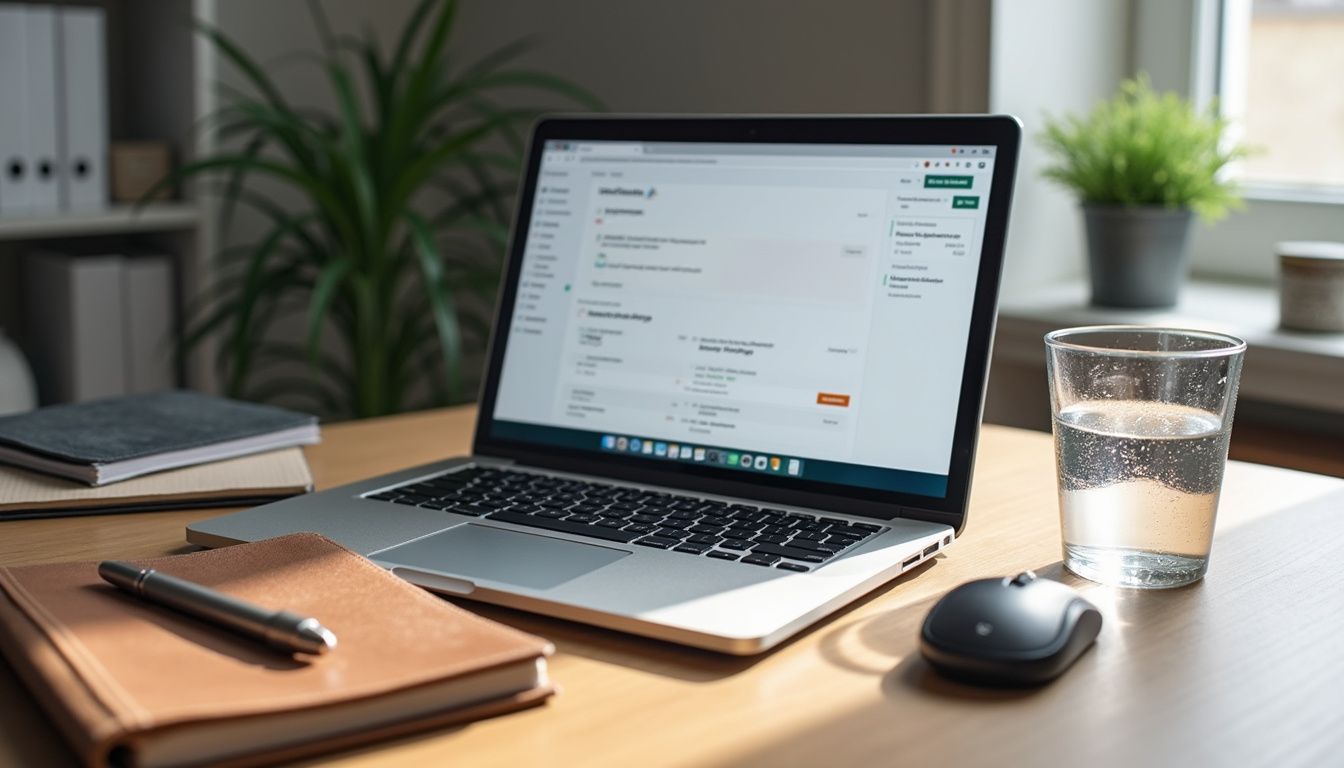 A sleek laptop on a wooden desk displays the ClickFunnels dashboard.