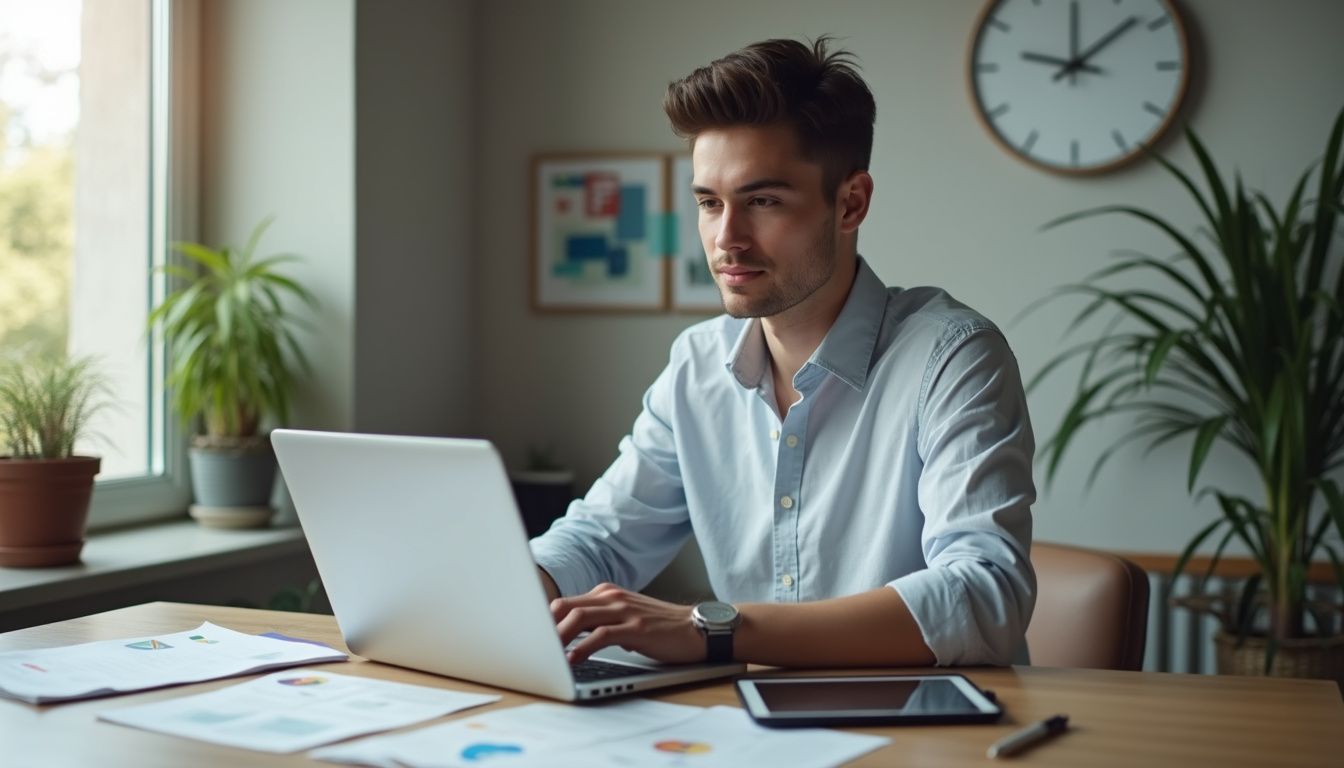A focused professional works on a laptop in a modern office. A focused professional works on a laptop in a modern office.