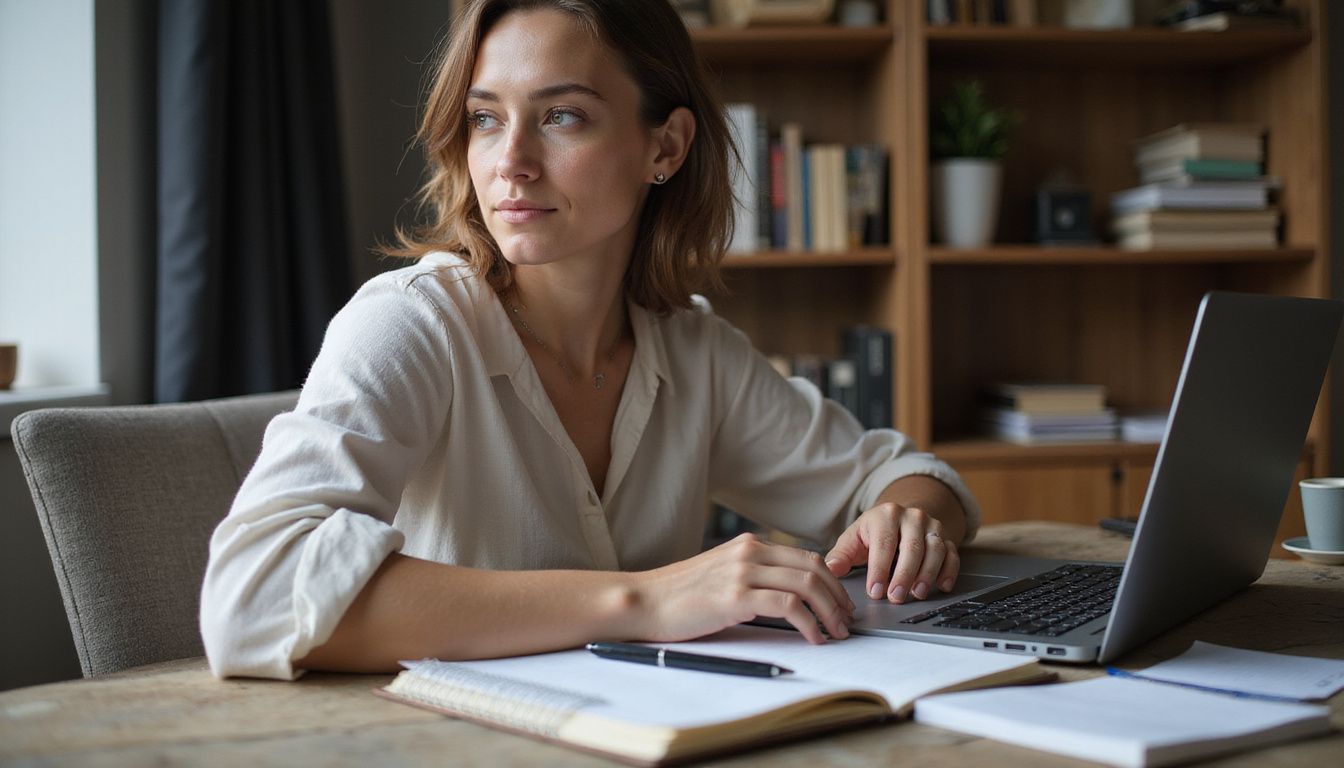 A woman concentrates at a cluttered wooden desk in her home office.