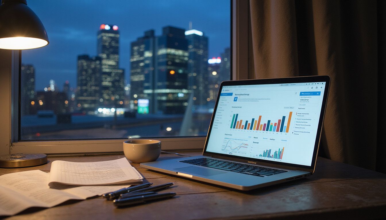A sleek laptop displays a digital marketing dashboard on a wooden desk.