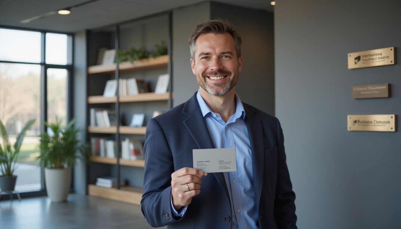 A confident man showcases his coaching credentials in a modern office.