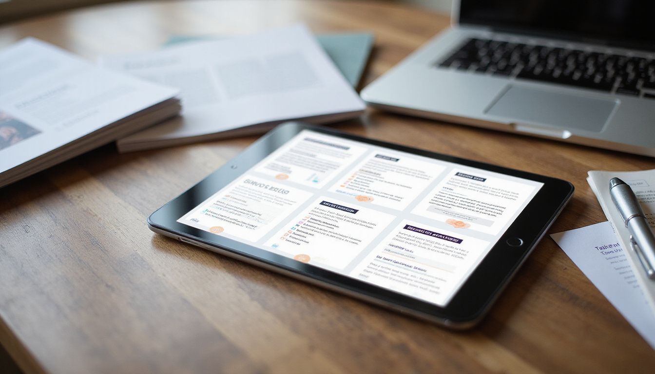 Modern workspace featuring a tablet and marketing materials on a wooden desk. Modern workspace featuring a tablet and marketing materials on a wooden desk.