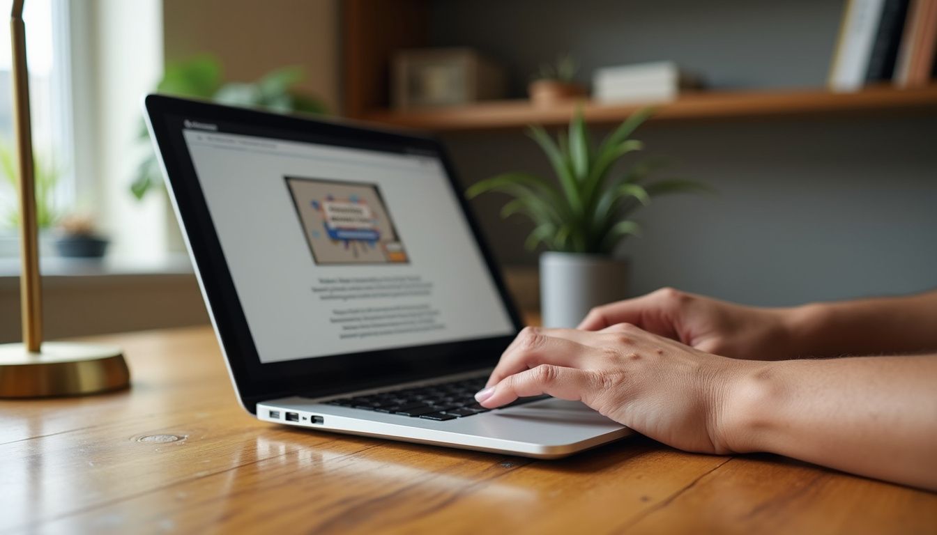 A sleek laptop displays a digital marketing ebook on a wooden desk. A sleek laptop displays a digital marketing ebook on a wooden desk.