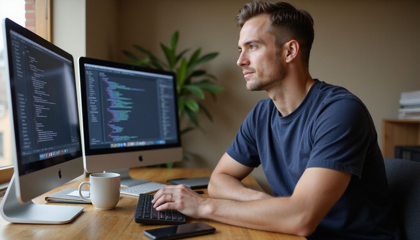 A website designer focuses intently at a cluttered wooden desk.