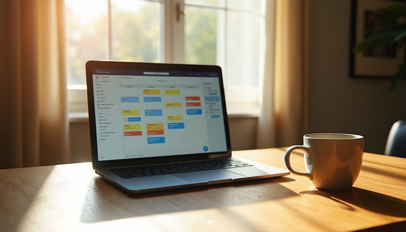 A sleek laptop and coffee mug on a textured wooden desk. A sleek laptop and coffee mug on a textured wooden desk.