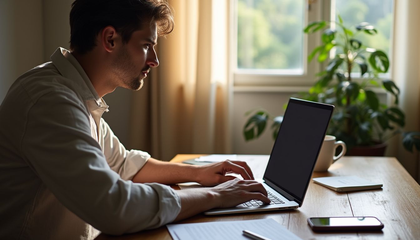 A focused individual works on a laptop at a wooden desk.