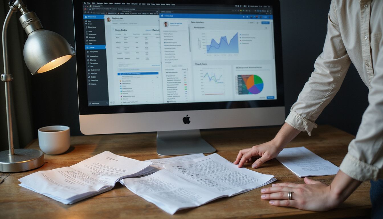 A cluttered office desk with a busy computer display and papers. A cluttered office desk with a busy computer display and papers.