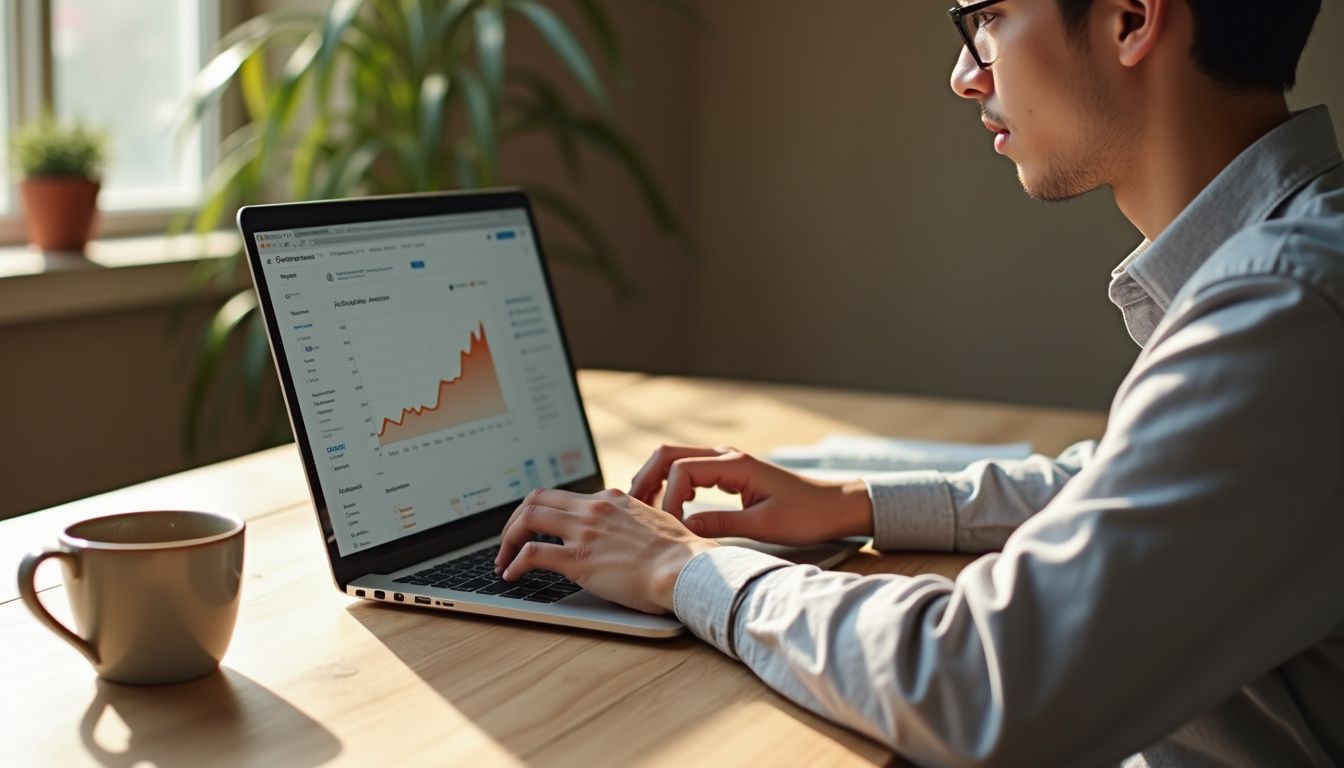 A focused individual works at a wooden desk with a laptop.