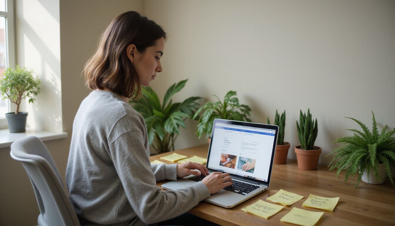 A woman thoughtfully compares landing page designs in her home office.