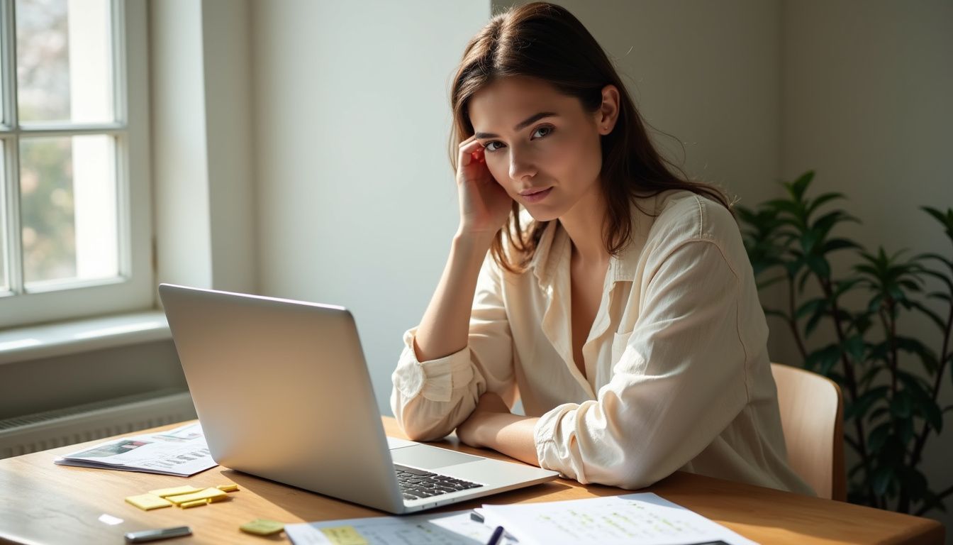 A woman focused on a laptop at a rustic wooden desk. A woman focused on a laptop at a rustic wooden desk.
