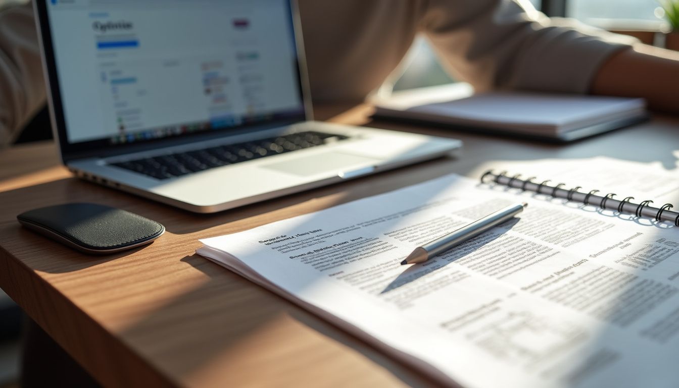 A modern office desk with a laptop and hand-drawn wireframes.