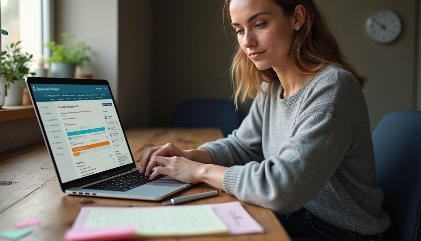 A woman works attentively at a wooden desk with her laptop.