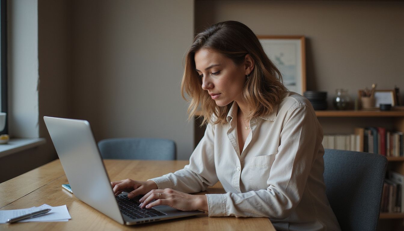 A focused woman studies a sales funnel webinar at her desk.