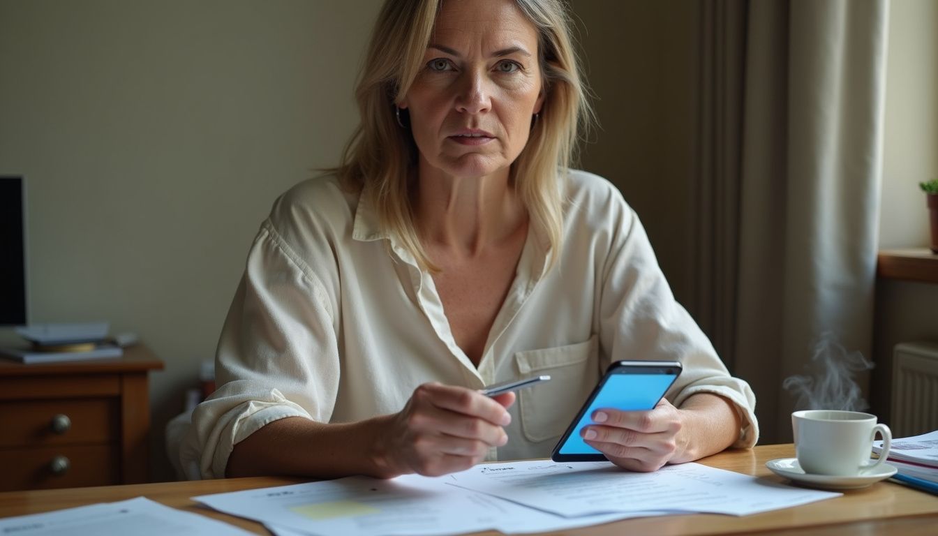 A middle-aged woman works intently at her home office desk.