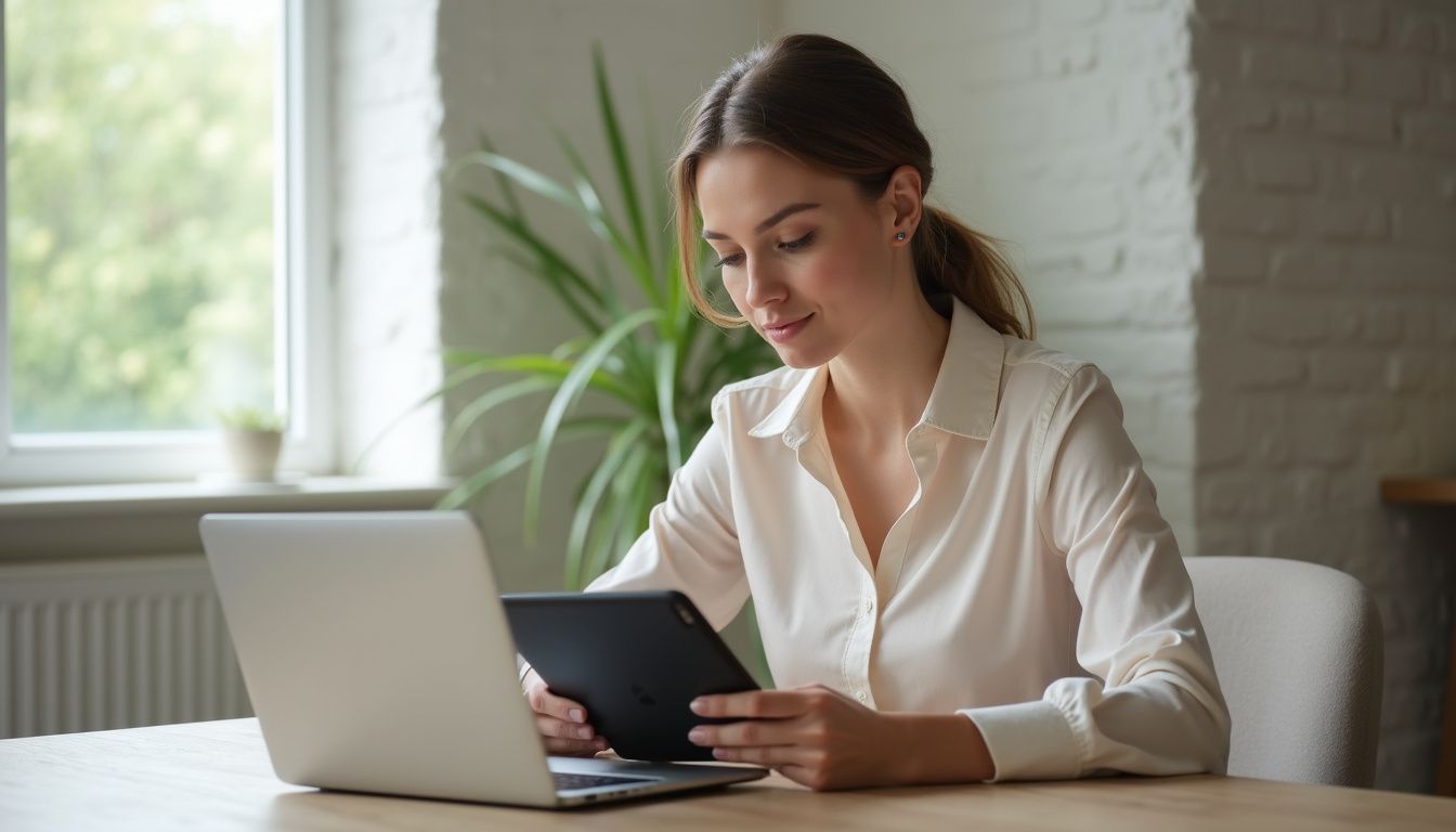 A woman in a modern office compares information on a laptop and tablet.