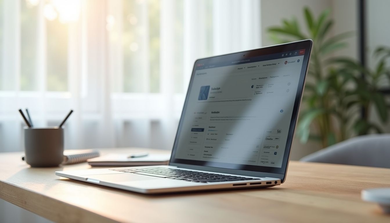 A modern laptop displays a ClickFunnels dashboard on a minimalist desk.