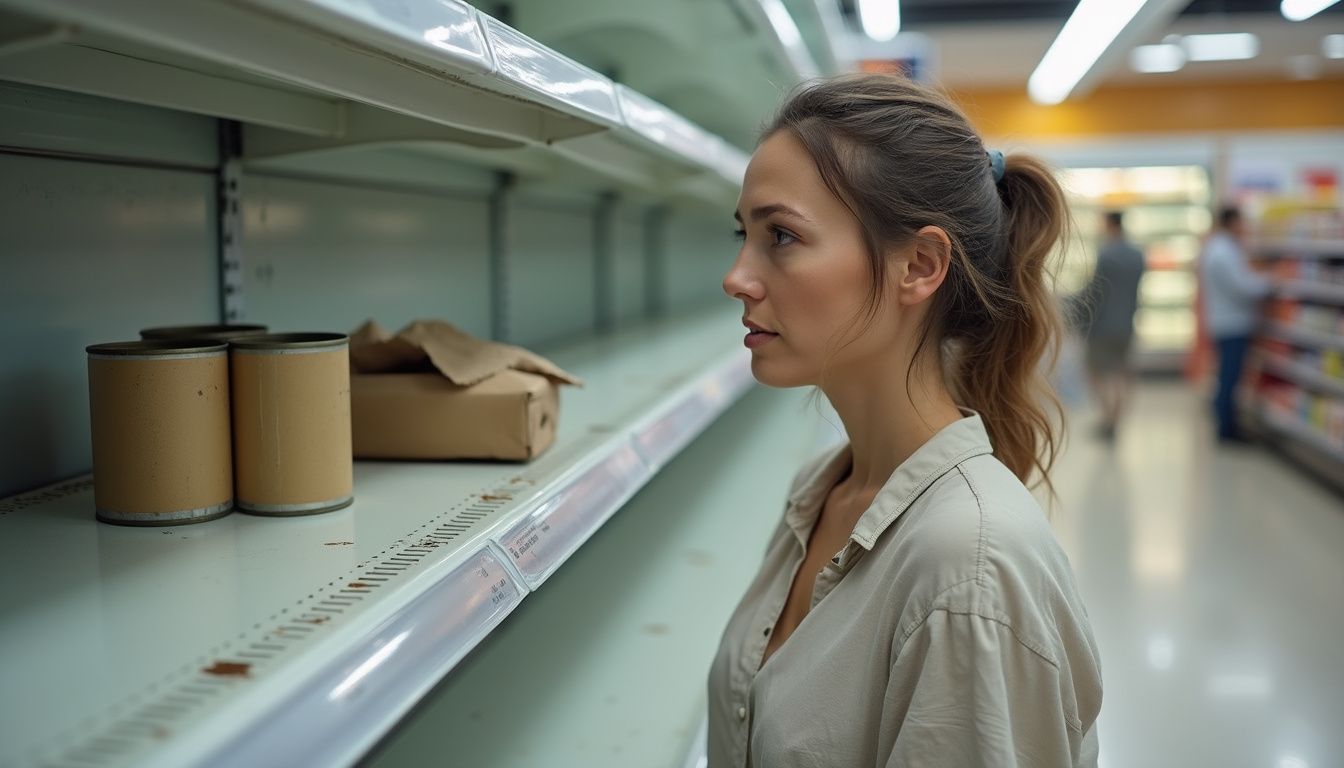 A concerned woman examines a nearly empty supermarket shelf.