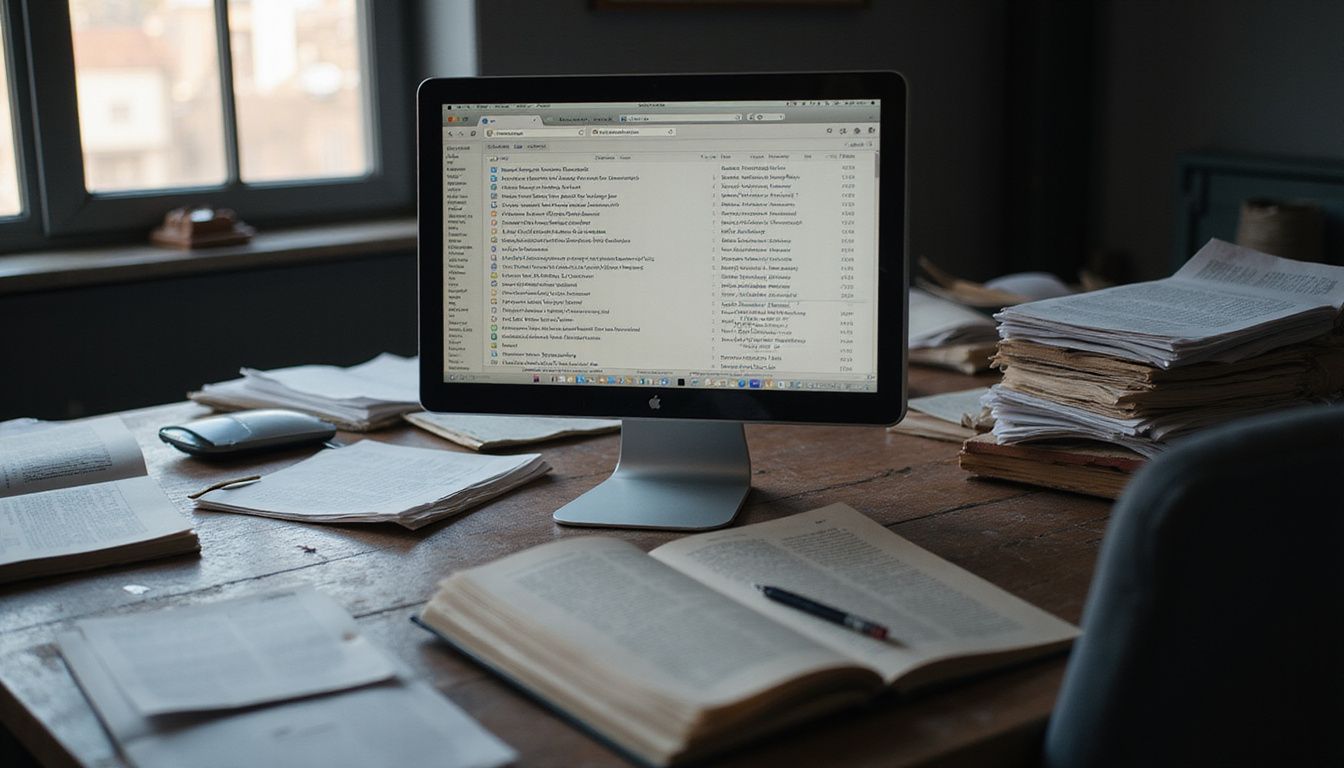 A cluttered wooden desk in a busy professional office environment.