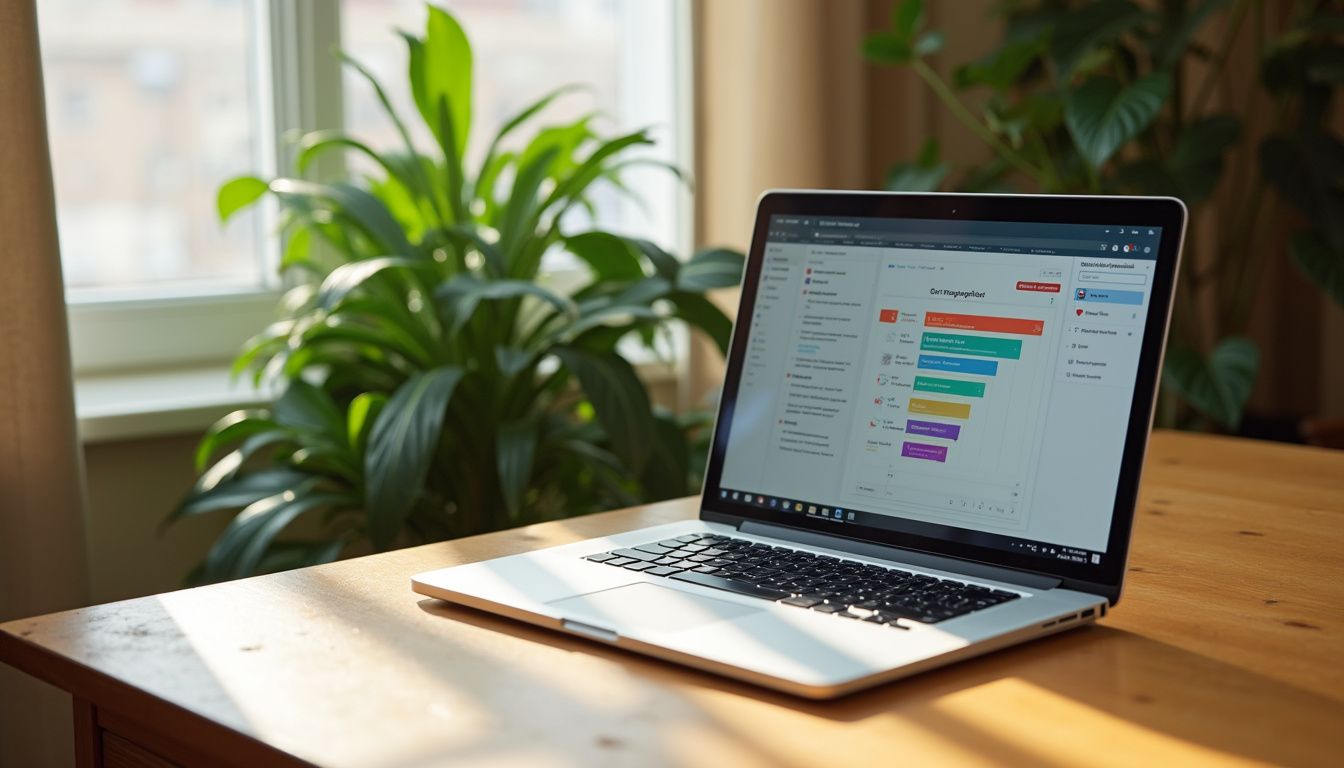 A laptop with a checklist sits on a polished wooden desk.
