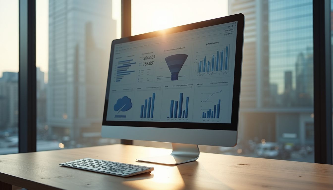 A sleek computer monitor displays data analytics in a modern workspace.