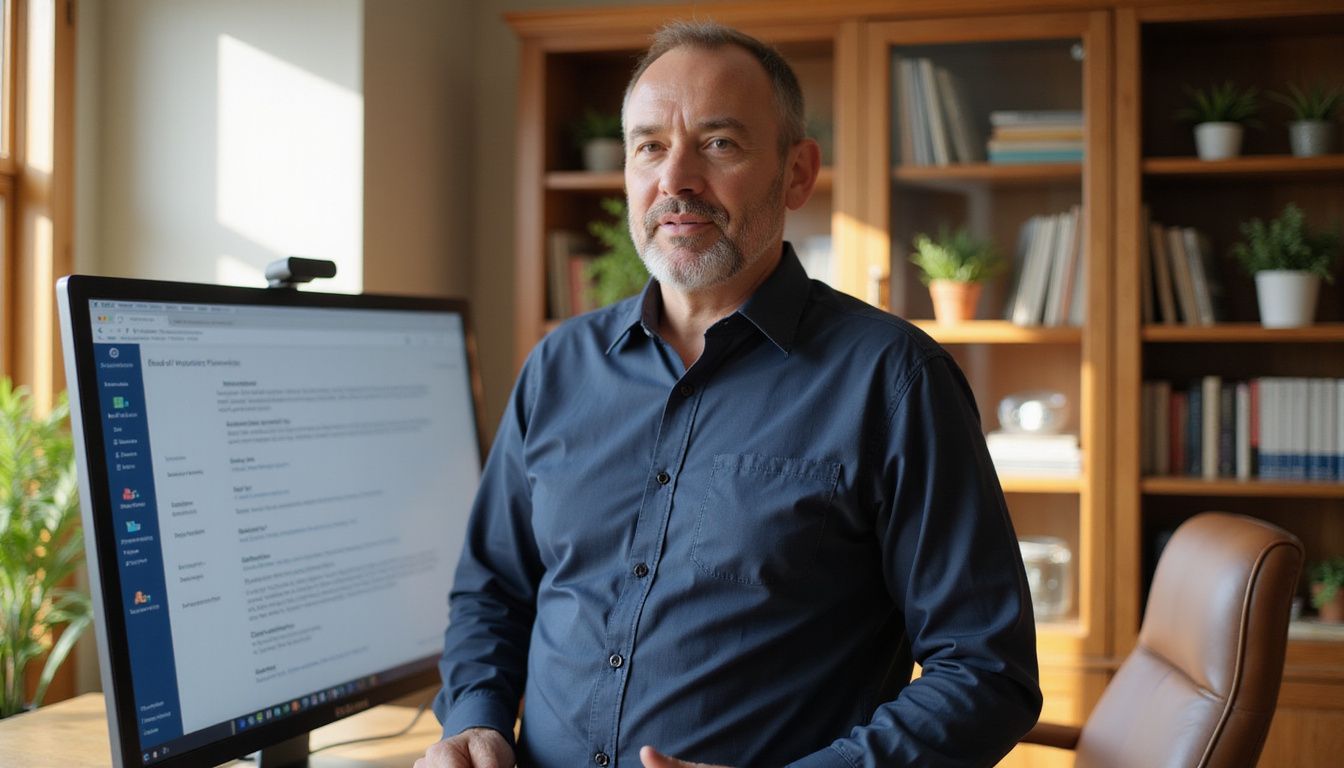 A confident individual presents a webinar from their polished home office.