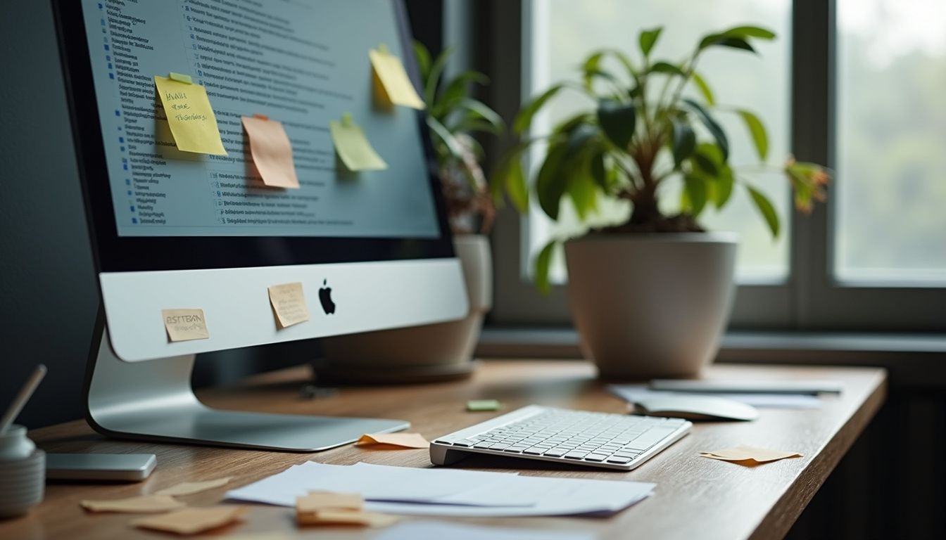 Cluttered office desk with unread emails and a neglected plant.