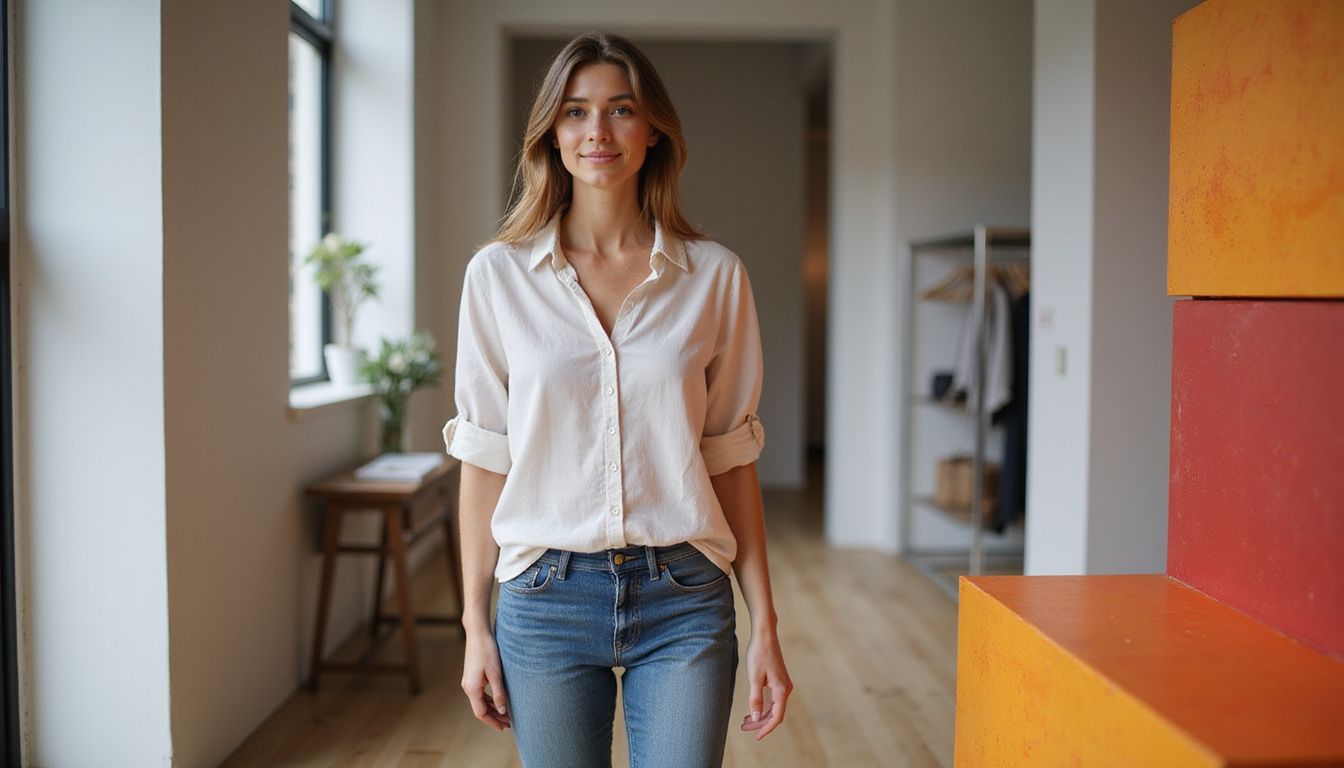 A woman explores a modern boutique, drawn to a colorful display.