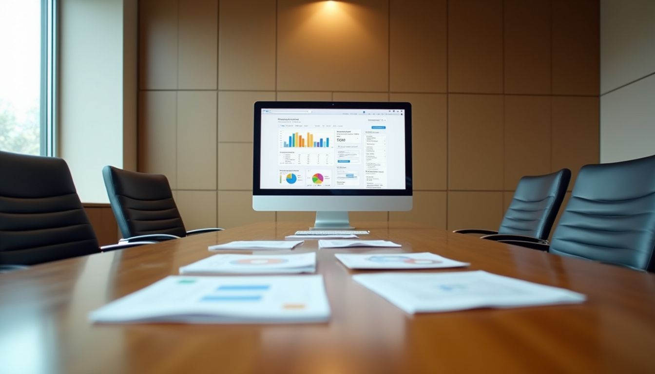 An empty conference room features a monitor displaying Google Analytics dashboards.