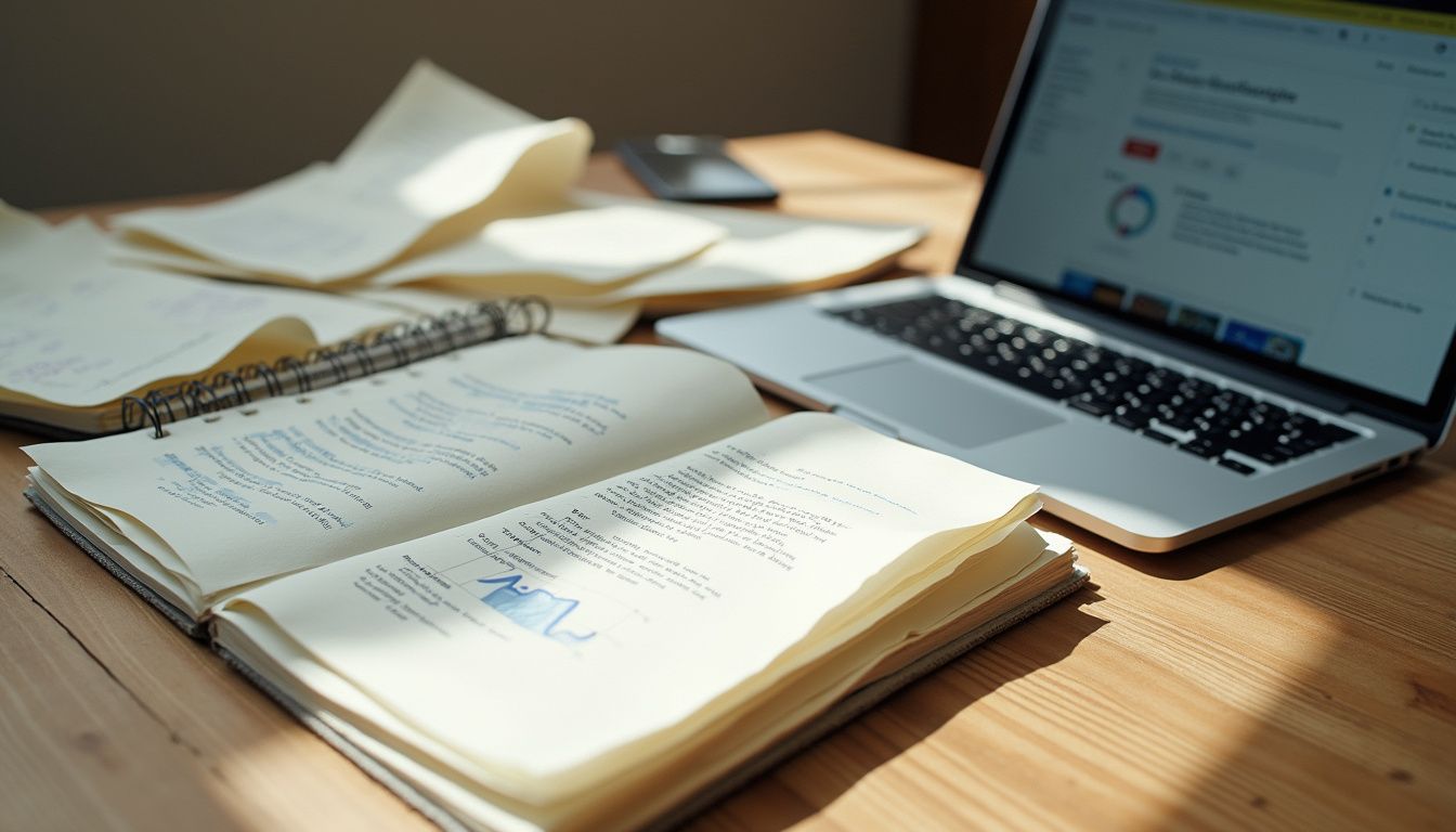 Cluttered desk with papers, laptop, and notebook displaying data charts. Cluttered desk with papers, laptop, and notebook displaying data charts.