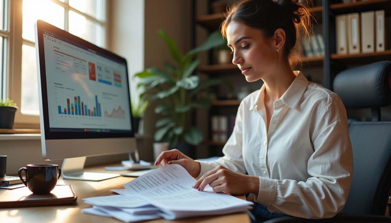 A focused woman sorts papers at a cluttered office desk.