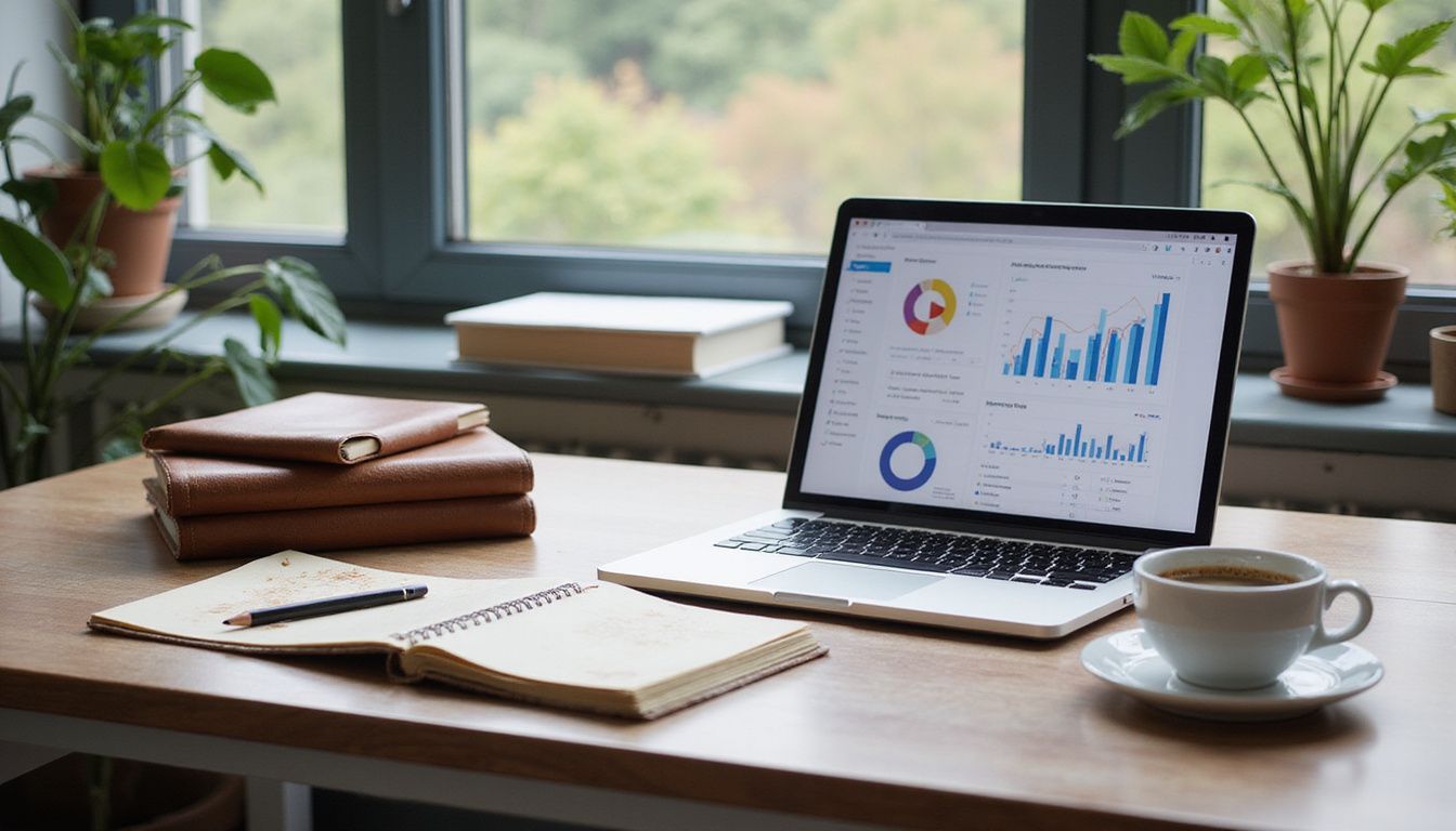 A modern office desk features a laptop, books, notepads, and coffee.